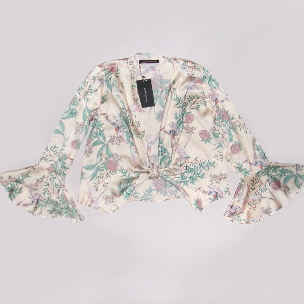 Satin tie blouse with bird and leaf details